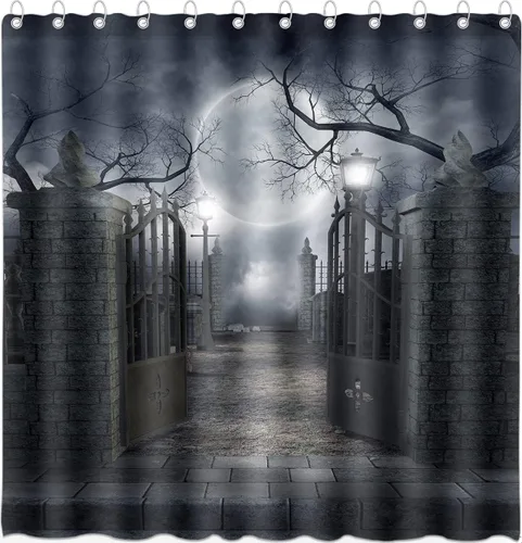Cortina de ducha de Halloween para baño, noche aterradora, patio, puerta, luna espeluznante, árbol muerto, lámpara de calle, poliester, impermeable,