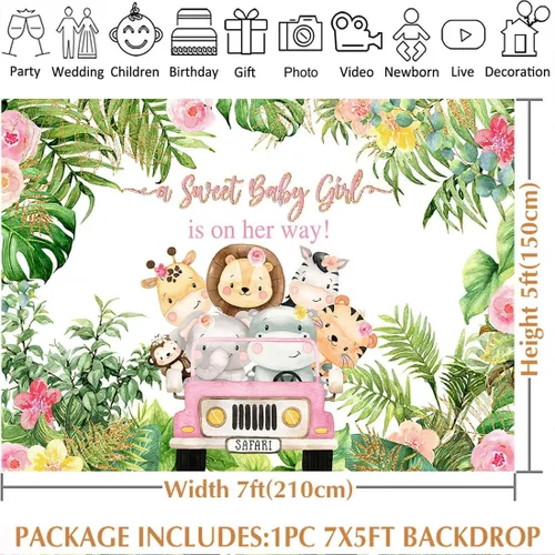 Miniatura 6 de Avezano Telón de fondo rosa para baby shower de safari para niñas, animales de la selva, decoración de baby shower, hojas tropicales, suministros