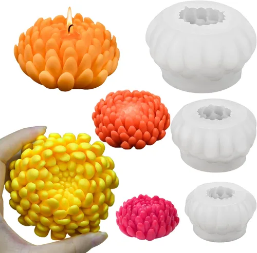 Miniatura 20 de Juego de 3 moldes de vela de peonía para hacer velas, juego de moldes de silicona 3D grandes + medianos + pequeños para fundición de resina epoxi, 3