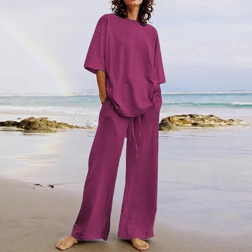 Miniatura 34 de Conjuntos de verano de 2 piezas para mujer, conjuntos elegantes y casuales de color liso, para verano, otoño, cuello redondo, tops y pantalones