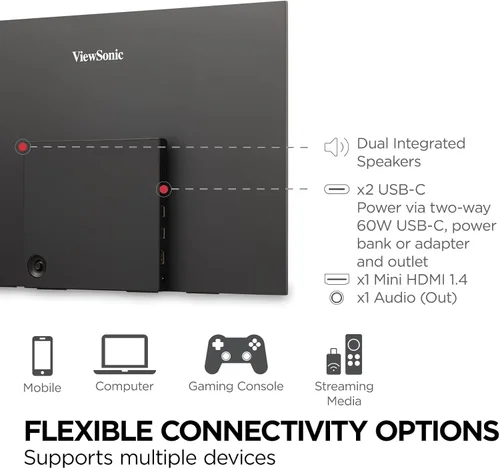 Miniatura 5 de ViewSonic VX1655 Monitor LED IPS portátil de 15.6 pulgadas 1080p FHD con alimentación de 2 vías USB C de 60 W, mini HDMI, altavoces duales y soporte