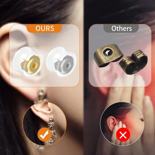 Miniatura 6 de Aretes seguros de oro de 18 quilates para tachuelas, silicona de plata 925, hipoalergénicas, suaves y transparentes, cierres de goma para aretes