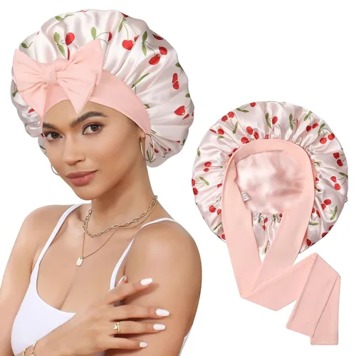 Miniatura 10 de Gorro de satén de seda para dormir, gorro de seda de doble capa con banda elástica para cabello rizado Negro+marrón