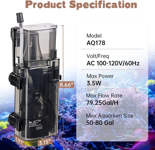 Miniatura 7 de AQQA Skimmer de proteína para acuario para tanque de peces de agua salada Nano Surface Skimmer Bomba de filtro 79GPH ultra silencioso para tanque