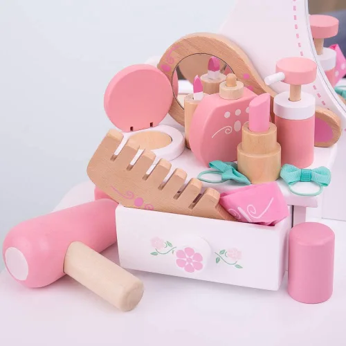 Miniatura 2 de Bigjigs Toys Estuche de madera para niños, kit de tocador de 11 piezas y accesorios con bolsa de transporte de lunares rosados, juguete ideal