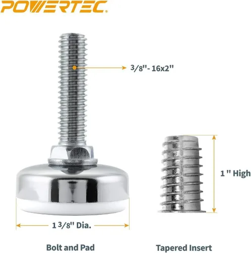 Miniatura 6 de POWERTEC Pies niveladores roscados 4PK con insertos roscados de 3/8"-16, pies ajustables resistentes para muebles con almohadillas grandes