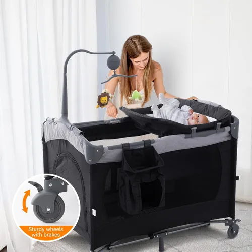 Miniatura 3 de Soobaby Cuna de bebé 5 en 1, cuna de noche, paquete y juega con moisés y cambiador, caja de música portátil de viaje, cuna de viaje portátil