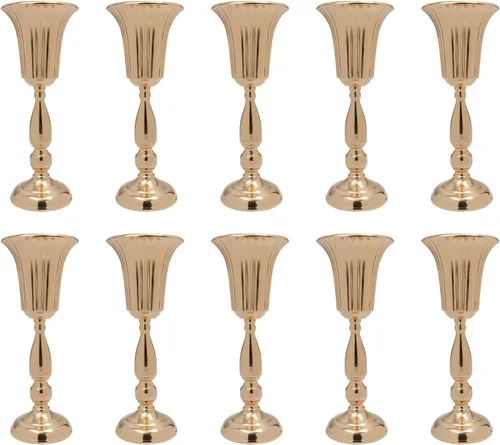 Miniatura 14 de Juego de 10 portavelas de metal dorado de 10.2 pulgadas de alto, florero, arreglo floral, candelabro, candelabro, portavelas para bodas, fiestas