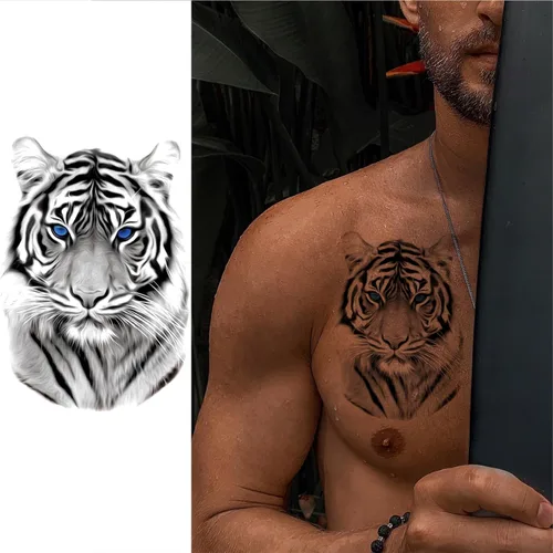 Miniatura 3 de Tatuaje temporal de tigre 3D para hombres y mujeres, gran negro de media manga, realista, animal tigre, tatuaje falso para adultos y adolescentes
