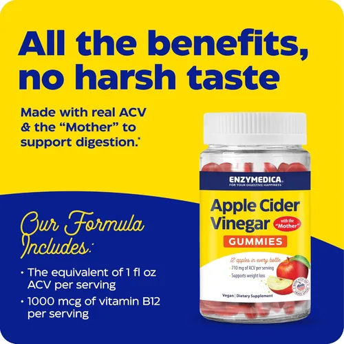 Miniatura 2 de Enzymedica Suplemento de vinagre de sidra de manzana para mujeres y hombres, gomitas de vinagre de sidra de manzana con madre, 1000 mcg de vitamina
