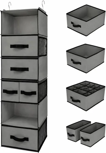 GRANNY SAYS Organizador colgante de armario con 6 estantes, organizadores de armario y almacenamiento con 5 cajones, 6 bolsillos laterales, 6