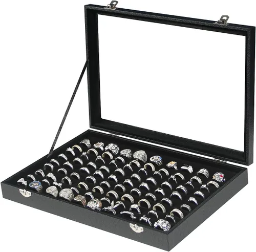 Coward Joyero organizador de anillos, caja de terciopelo negro con 100 ranuras para anillo, bandeja de exhibición con tapa de vidrio transparente