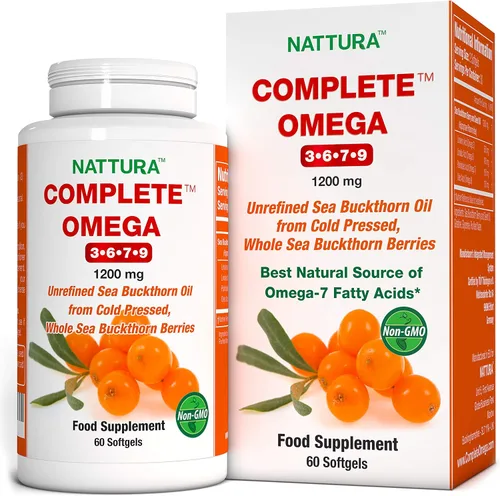 Nattura Omega 3-6-7-9 completo aceite de espino cerval de mar puro, calidad europea, de bayas silvestres de espino cerval de mar entero prensadas en