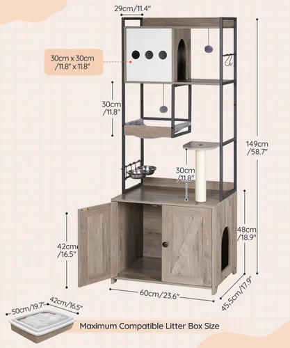 Miniatura 5 de HOOBRO Árbol para gatos con caja de arena, torre para gatos de 58.7 pulgadas de alto con muebles de caja de arena oculta, con poste rascador