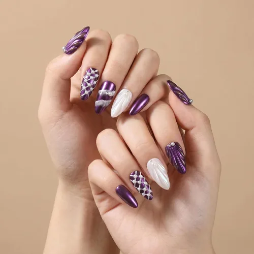 Miniatura 3 de Sun&Beam Nails Uñas a presión hechas a mano medianas con diseño de concha rosa metálica con acabado brillante, 10 piezas para uso diario y ocasiones