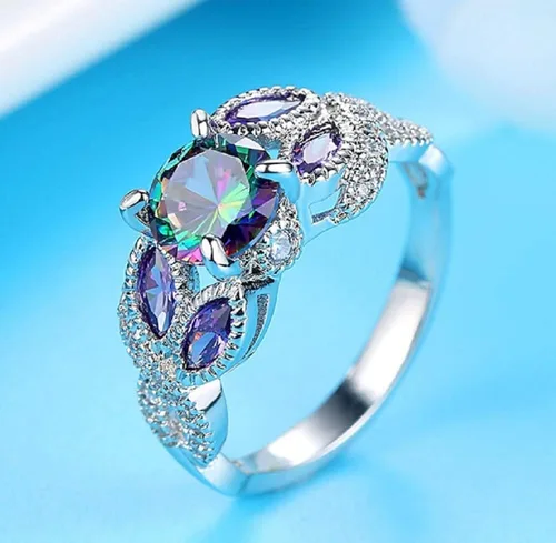 Miniatura 5 de Awmnjtmgpw - Anillo de compromiso de plata de ley 925 con topacio arcoíris para mujer, anillo de compromiso con diamantes de corte princesa, anillo