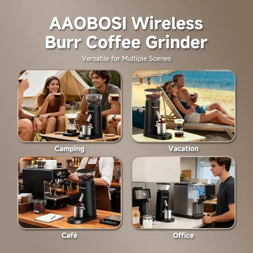 Miniatura 9 de AAOBOSI Molinillo inalámbrico de granos de café con 60 ajustes de molienda, temporizador ajustable de 98 segundos y rebaba cónica, antiestático