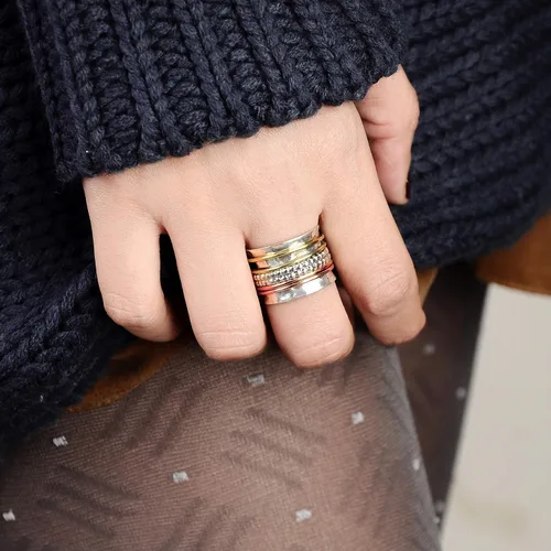 Miniatura 3 de Boho-Magic Anillo giratorio de plata de ley 925 con anillos antiestrés de latón y cobre para mujer de banda ancha