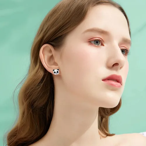 Miniatura 4 de Aretes tipo dormilona de oro amarillo de 10 quilates y 14 quilates con diseño de oso panda para mujeres y niñas pequeñas, aretes para mascotas
