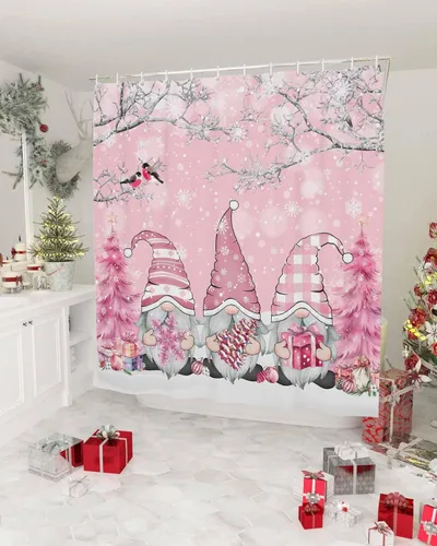 Miniatura 2 de Cortina de ducha de Navidad de fantasía, gnomos rosados, copos de nieve, ramas de árbol, impermeable, lavable, bohemio, divertido, lindo, juego