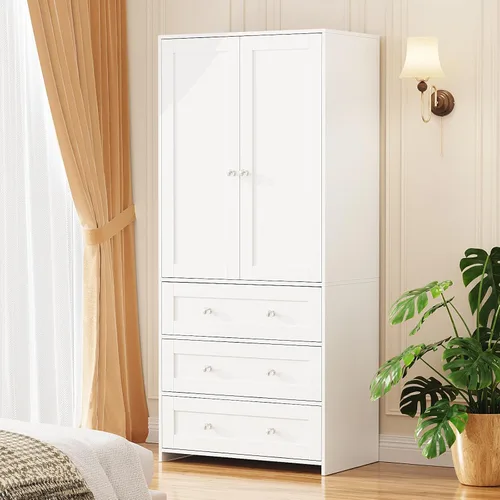 Miniatura 11 de VOWNER Armario Clóset con Cajones y Espejo, Gabinete de Almacenamiento de Ropa de 71" con Barra Colgante, Armario de Dos Puertas de Madera
