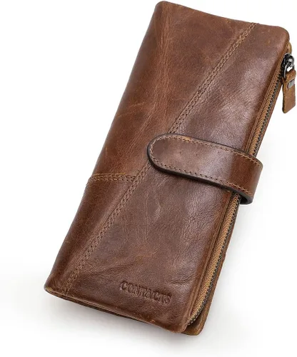 CONTACTS Cartera de cuero para hombre, con cremallera larga, color marrón, tarjeteromonedero plegable, Marrón, Vintage