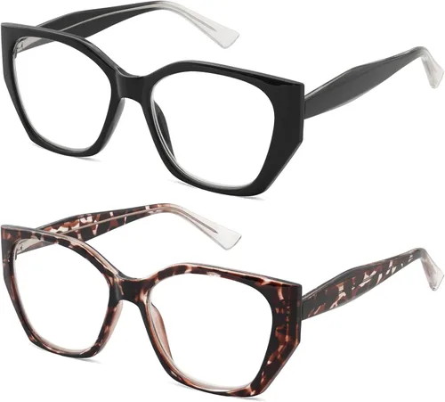 Miniatura 2 de JiSoo Gafas de lectura de ojo de gato de gran tamaño para mujer, elegantes lentes de lectura grandes para mujer con 2