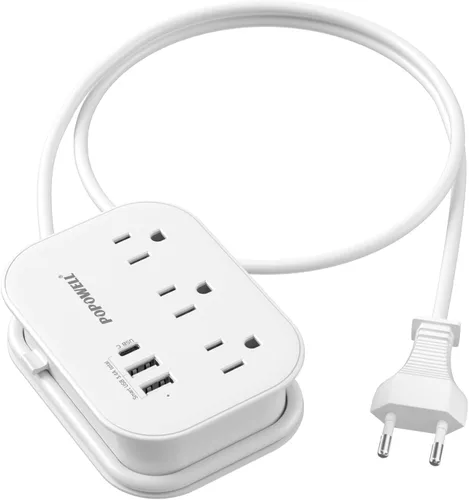 Miniatura 9 de Adaptador de enchufe europeo, regleta de alimentación de viaje UE/Reino Unido/EE. UU. con 3 salidas y 4 puertos USB (3.4A), adaptador de corriente
