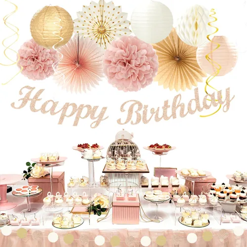Miniatura 7 de Beige Champagne Rose Gold Women-Girls Birthday Decorations - 21pcs Fall Boho Party Happy Banner, Peach Streamers,Paper Lanterns,Pom Poms Fans 16th