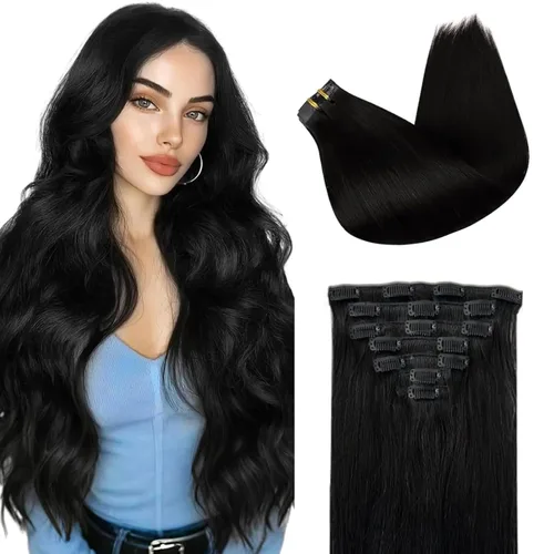 SIYUSI Extensiones de cabello humano real con pinzas, 100% cabello humano Remy brasileño, invisibles y aptas para el cuero cabelludo, color negro
