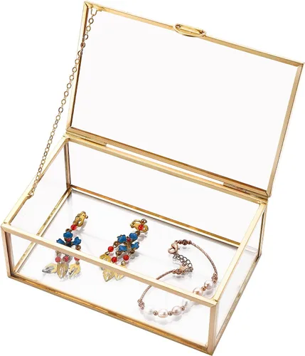 Caja de recuerdo de cristal vintage dorada Caja de cristal con tapa de cristal decorativo para exhibición, caja rectangular transparente, anillos,