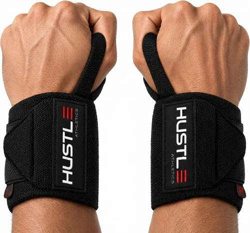 Hustle Athletics Muñequeras para levantamiento de pesas, correas de soporte de muñeca de 18 pulgadas aprobadas por la USPA para prensa de banco,