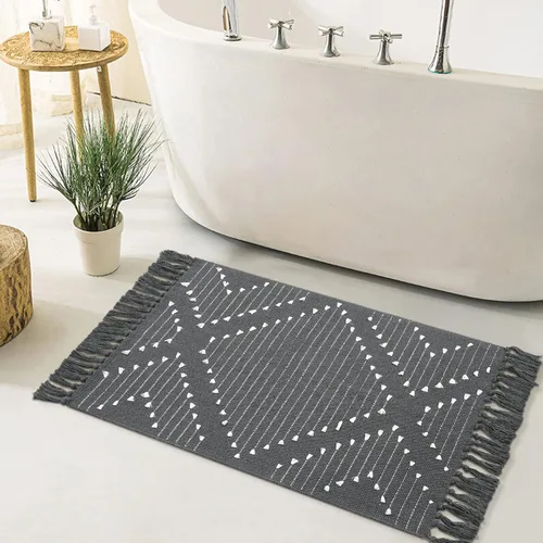HAOCOO Alfombras de baño grises de 2 x 3 pies, alfombra tejida de algodón pequeña lavable con borlas, alfombra marroquí para puerta delantera,
