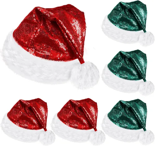 Miniatura 12 de SATINIOR 2 piezas de sombrero de Papá Noel de lentejuelas para adultos, unisex, gorro de Navidad con forro y ala de felpa para mujeres y hombres