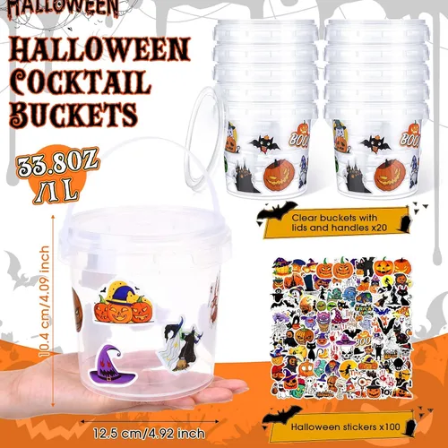 Miniatura 3 de Sliner 20 cubos pequeños para dulces de Halloween de 34 onzas, 100 calcomanías de terror, cubetas de ron de cóctel con tapa y asa para Halloween