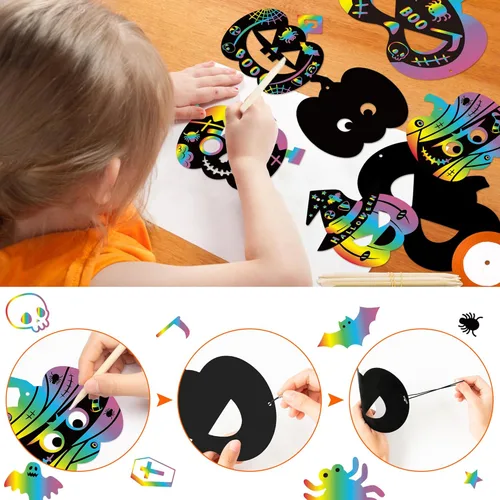 Miniatura 3 de BeYumi Juego de 72 piezas de papel de rascar de calabaza de Halloween para niños, papel mágico para rascar, tarjetas de máscara de manualidades