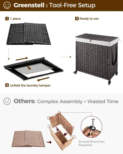 Miniatura 56 de GREENSTELL Cesta para ropa sucia con ruedas y tapa, 130 L, cesta grande de 3 secciones con 2 tipos de bolsas de forro extraíbles, 5 bolsas de malla