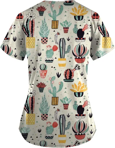 Miniatura 2 de Women's Working Uniform Shirts Short Sleeve V Neck Tunic Tops Comfy Cartoon Print Workwear Blouses Tee with 2 Pockets