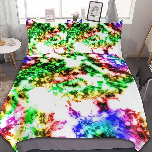 Miniatura 44 de Juego de 3 piezas de edredón neón que brilla en la oscuridad, funda de almohada de microfibra con cremallera para cama matrimonial, Queen