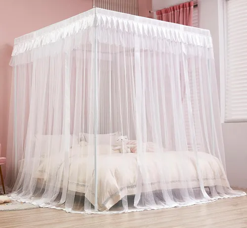 Miniatura 5 de Mengersi Cortina para Dosel de Cama Princesa, con 4 Esquinas, Dosel con Mosquitero para Cama de Princesa (Blanco, Doble)
