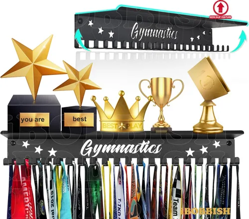 iBobbish Percha de medallas de metal, estante antideslizante para trofeos con 20 ganchos, montaje en pared, resistente, no doblado, soporta 22-33