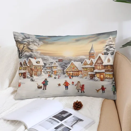 Miniatura 5 de Funda de almohada con escena de pueblo navideño con niños, fundas de almohada de 12 x 20 pulgadas, almohadas decorativas de Navidad para sofá, funda
