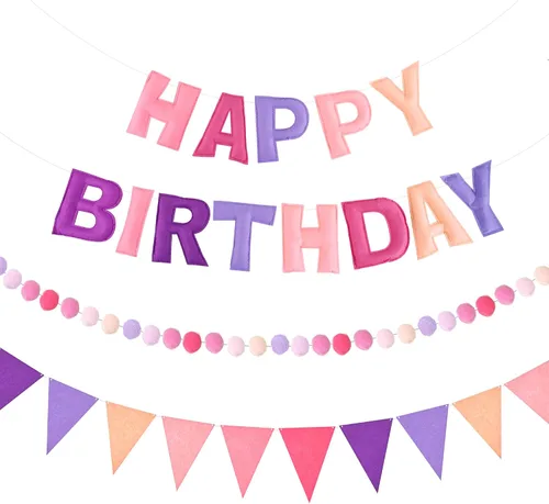 Miniatura 12 de CANREVEL Pancarta de Feliz Cumpleaños 3D Pre-enhebrada, 3 PIEZAS Guirnalda de Fieltro Negro Feliz Cumpleaños, Guirnalda de Pompones, Banderines