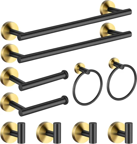 Juego de accesorios de baño Hinmood Negro y Oro, juego de toallas que incluye 2 barras de toalla de 16 pulgadas, 2 soportes de papel higiénico, 2