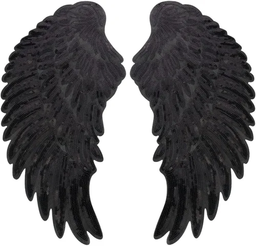 1 par de lentejuelas alas de ángel bordado DIY parches para planchar con motivos para decoración de ropa (negro)