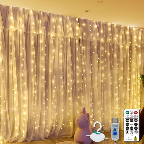 Luz de cortina blanca cálida para dormitorio, 300 LED, 3m x 3m, luz de cadena de hadas para ventana con 16 ganchos, 8 modelos, control remoto para