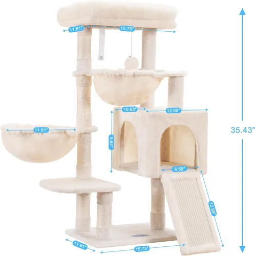 Miniatura 3 de Hey-brother Árbol para gatos, torre para gatos de interior, casa para gatos con cama acolchada grande, acogedor condominio, hamacas, postes Beige