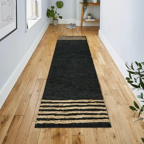 Miniatura 3 de GRUHUM Alfombra de pasillo de yute 2'6" x 8' pies, fibra natural, negra, rectangular, de yute, cuero, tejida a mano, estilo bohemio, para casa