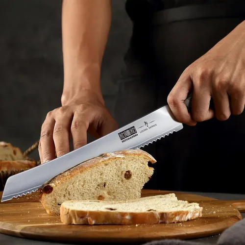 Miniatura 7 de HOSHANHO Cuchillo de pan de 10 pulgadas, cuchillos de pan dentados japoneses de acero inoxidable de alto carbono, cuchillo profesional para cortar