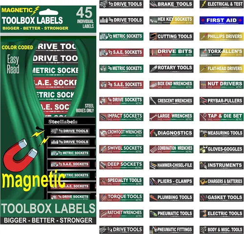 Las etiquetas magnéticas definitivas para cajas de herramientas (edición verde) organizan cajas, cajones y armarios "Rápido y fácil", se adapta a